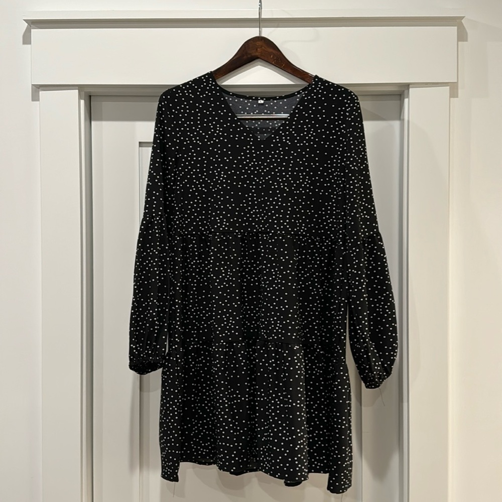 Black Long Sleeve Dress with White Dots - L